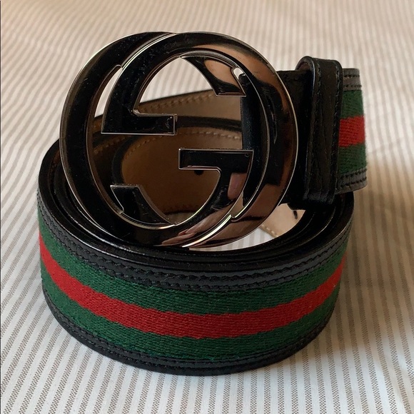 gucci web belt with black g buckle